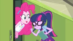 Size: 3410x1920 | Tagged: safe, derpibooru import, screencap, pinkie pie, sci-twi, twilight sparkle, equestria girls, equestria girls series, stressed in show, stressed in show: pinkie pie, spoiler:eqg series (season 2), book, bowtie, clothes, eyes closed, female, geode of sugar bombs, geode of telekinesis, glasses, image, jewelry, jpeg, lockers, magical geodes, necklace, open mouth, ponytail, smiling, tanktop