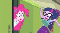 Size: 3410x1920 | Tagged: safe, derpibooru import, screencap, pinkie pie, sci-twi, twilight sparkle, equestria girls, equestria girls series, stressed in show, stressed in show: pinkie pie, spoiler:eqg series (season 2), book, clothes, female, geode of sugar bombs, glasses, image, jewelry, jpeg, lockers, magical geodes, necklace, one eye closed, open mouth, ponytail, scared, tanktop