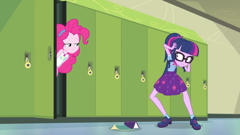 Size: 3410x1920 | Tagged: safe, derpibooru import, screencap, pinkie pie, sci-twi, twilight sparkle, equestria girls, equestria girls series, stressed in show, stressed in show: pinkie pie, spoiler:eqg series (season 2), book, bowtie, clothes, female, geode of sugar bombs, geode of telekinesis, glasses, image, jewelry, jpeg, lockers, magical geodes, necklace, open mouth, ponytail, smug, smugpie, tanktop