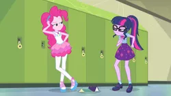 Size: 3410x1920 | Tagged: safe, derpibooru import, screencap, pinkie pie, sci-twi, twilight sparkle, equestria girls, equestria girls series, stressed in show, stressed in show: pinkie pie, spoiler:eqg series (season 2), book, bowtie, clothes, female, geode of sugar bombs, geode of telekinesis, glasses, image, jewelry, jpeg, lockers, magical geodes, necklace, open mouth, ponytail, smiling, tanktop