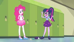 Size: 3410x1920 | Tagged: safe, derpibooru import, screencap, pinkie pie, sci-twi, twilight sparkle, equestria girls, equestria girls series, stressed in show, stressed in show: pinkie pie, spoiler:eqg series (season 2), best friends, bffs, book, bowtie, clothes, cutie mark, cutie mark on clothes, duo, female, geode of sugar bombs, geode of telekinesis, glasses, image, jewelry, jpeg, lockers, magical geodes, necklace, open mouth, pantyhose, pendant, polo shirt, ponytail, rah rah skirt, shoes, tanktop