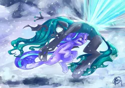 Size: 2982x2112 | Tagged: semi-grimdark, artist:mannybcadavera, artist:mannymalx13, derpibooru import, queen chrysalis, starlight glimmer, changeling, changeling queen, pony, unicorn, the ending of the end, blast, crown, death, duo, eyes closed, female, fight, glowing horn, grimace, horn, horn impalement, image, impalement, jewelry, magic, magic blast, mare, now, open mouth, png, regalia, screaming, snow, snowfall, stabbing