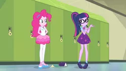Size: 3410x1920 | Tagged: safe, derpibooru import, screencap, pinkie pie, sci-twi, twilight sparkle, equestria girls, equestria girls series, stressed in show, stressed in show: pinkie pie, spoiler:eqg series (season 2), book, bowtie, clothes, cutie mark, cutie mark on clothes, female, geode of sugar bombs, geode of telekinesis, glasses, image, jewelry, jpeg, lockers, magical geodes, necklace, ponytail, smiling