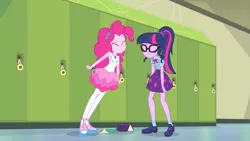 Size: 3410x1920 | Tagged: safe, derpibooru import, screencap, pinkie pie, sci-twi, twilight sparkle, equestria girls, equestria girls series, stressed in show, stressed in show: pinkie pie, spoiler:eqg series (season 2), book, bowtie, clothes, cutie mark, cutie mark on clothes, eyes closed, female, geode of sugar bombs, geode of telekinesis, glasses, image, jewelry, jpeg, lockers, magical geodes, necklace, ponytail, smiling, tanktop