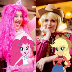 Size: 2289x2289 | Tagged: safe, artist:maddymoiselle, artist:shelbeanie, derpibooru import, applejack, pinkie pie, equestria girls, equestria girls series, applejack's hat, clothes, cosplay, costume, cowboy hat, everfree northwest 2019, hat, image, jpeg, open mouth