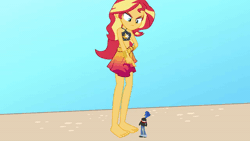 Size: 600x338 | Tagged: safe, artist:a giant woman, derpibooru import, flash sentry, sunset shimmer, equestria girls, barefoot, feet, gif, image, male, shrinking, size difference, smaller male
