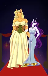 Size: 1050x1650 | Tagged: safe, artist:unfinishedheckery, derpibooru import, applejack, rarity, anthro, earth pony, unicorn, breasts, busty applejack, busty rarity, carpet, clothes, digital art, dress, duo, duo female, female, horn, image, jpeg, lesbian, looking at you, rarijack, red carpet, shipping, size difference, tail, thighs, wide hips