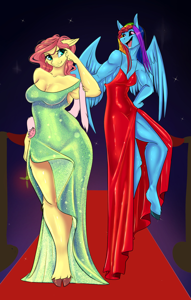 Size: 1050x1650 | Tagged: safe, alternate version, artist:unfinishedheckery, derpibooru import, fluttershy, rainbow dash, anthro, unguligrade anthro, breasts, busty fluttershy, busty rainbow dash, carpet, clothes, digital art, dress, duo, duo female, female, flutterdash, image, jpeg, lesbian, looking at you, open mouth, red carpet, shipping, spread wings, tail, thighs, wide hips, wings