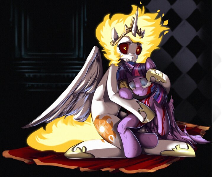 Size: 1857x1484 | Tagged: semi-grimdark, alternate version, artist:nauyaco, derpibooru import, daybreaker, twilight sparkle, twilight sparkle (alicorn), alicorn, pony, blood, crown, dead, digital art, female, fine art parody, hoof shoes, horn, hug, image, ivan the terrible, jewelry, jpeg, mane of fire, mare, regalia, sharp teeth, teeth, wings