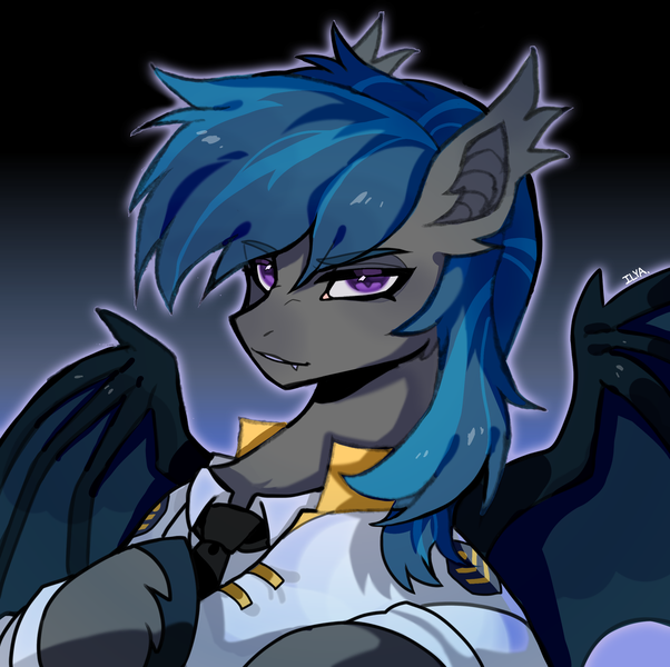 Size: 2412x2405 | Tagged: safe, artist:ilya, derpibooru import, oc, oc:nocturne star, bat pony, pony, bat pony oc, bat wings, blue mane, bust, clothes, grey fur, image, male, png, portrait, solo, stallion, suit, wings