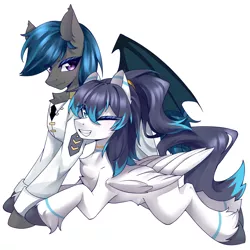 Size: 2000x2000 | Tagged: safe, artist:午夜, derpibooru import, oc, oc:jason, oc:nocturne star, bat pony, pegasus, pony, bat pony oc, bat wings, blue mane, couple, image, male, males only, png, ponytail, purple eyes, simple background, white background, white fur, wings