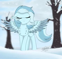 Size: 1280x1213 | Tagged: safe, artist:itsnovastarblaze, derpibooru import, oc, unofficial characters only, pegasus, pony, cheek fluff, chest fluff, cute, ear fluff, eyes closed, female, image, jpeg, mare, shoulder fluff, snow, solo, spread wings, standing, tree, wind, wing fluff, wings
