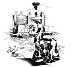 Size: 3096x2920 | Tagged: safe, artist:lexx2dot0, derpibooru import, oc, oc:blackjack, unofficial characters only, pony, unicorn, fallout equestria, fallout equestria: project horizons, clothes, fanfic art, grayscale, horn, image, monochrome, pipbuck, png, small horn, solo, vault security armor, vault suit