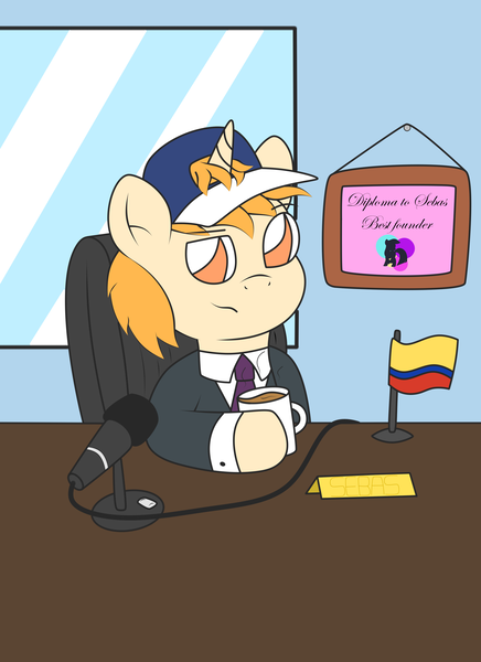 Size: 2550x3509 | Tagged: safe, artist:sparkfler85, derpibooru import, oc, oc:sebasbro, unofficial characters only, pony, unicorn, clothes, coffee, coffee cup, colombia, cup, derpibooru exclusive, diploma, flag, hat, image, microphone, necktie, office, office chair, png, ponylatino, solo, suit, window