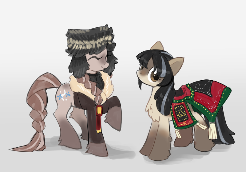 Size: 2710x1892 | Tagged: safe, artist:marbo, derpibooru import, oc, oc:boreal blanket, oc:cold shoulder, unofficial characters only, pony, taiga pony, /mlp/, bag, clothes, drawthread, duo, female, image, looking at you, mare, png, saddle bag, simple background, smiling