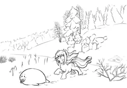 Size: 1207x836 | Tagged: safe, artist:anonymous, derpibooru import, oc, oc:pine ponder, unofficial characters only, pony, seal, taiga pony, best pone, chase, crying, female, image, mare, monochrome, pinecone, png, pone, running, snow, stealing, thief, tree