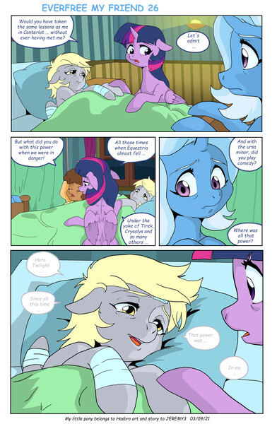 Size: 5901x9026 | Tagged: safe, artist:jeremy3, derpibooru import, derpy hooves, trixie, twilight sparkle, twilight sparkle (alicorn), oc, alicorn, pony, unicorn, comic:everfree, bandage, bed, comic, floppy ears, hospital bed, image, jpeg, open mouth, speech bubble