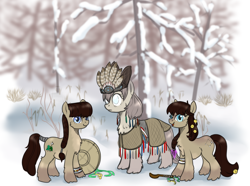 Size: 1057x786 | Tagged: safe, artist:anonymous, derpibooru import, oc, unofficial characters only, pony, taiga pony, clothes, female, forest, image, mare, png, shrub, smiling, snow, tree