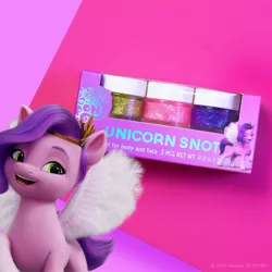Size: 1080x1080 | Tagged: safe, derpibooru import, official, pipp petals, pegasus, pony, my little pony: a new generation, abstract background, cosmetics, female, g5, image, jpeg, mare, my little pony logo, self ponidox, solo, unicorn snot