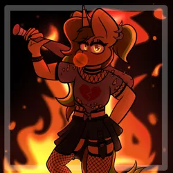 Size: 5000x5000 | Tagged: safe, artist:theawkwarddork, derpibooru import, oc, oc:awkward dork, anthro, unicorn, baseball bat, bubblegum, femboy, fire, fishnets, food, glowing eyes, gum, image, knife, makeup, male, png, solo, zombie apocalypse