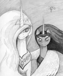 Size: 743x900 | Tagged: safe, artist:princeofchaoc, derpibooru import, princess celestia, princess luna, alicorn, duo, female, hug, image, jewelry, jpeg, monochrome, pencil drawing, regalia, royal sisters, siblings, sisters, traditional art, winghug, wings