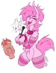 Size: 1400x1800 | Tagged: safe, artist:hyflin, derpibooru import, oc, oc:orichalcum evergreen, unofficial characters only, earth pony, pony, clothes, cuffs, image, jpeg, male, microphone, nudity, singing, socks, tail, unshorn fetlocks