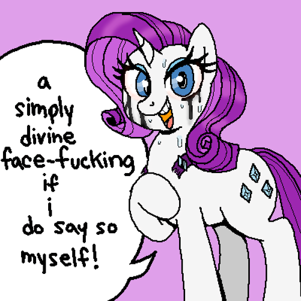 Size: 800x800 | Tagged: questionable, artist:distancedpsyche, derpibooru import, rarity, pony, unicorn, aftersex, choker, dialogue, eyeshadow, female, holy fuck the choker actually broke, image, implied deepthroat, looking at you, makeup, mare, open mouth, open smile, png, running makeup, smiling, speech bubble, sweat, until the choker breaks
