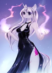 Size: 3000x4200 | Tagged: safe, artist:vincher, derpibooru import, oc, oc:yiazmat, anthro, unicorn, clothes, dress, female, horn, image, latex, latex dress, magic, png, rule 63, scar, side slit, solo, unicorn oc