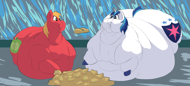 Size: 3121x1423 | Tagged: questionable, artist:lupin quill, derpibooru import, big macintosh, shining armor, earth pony, pony, unicorn, apple fritter (food), belly, belly bed, bhm, big belly, bigger macintosh, bingo wings, butt, chubby cheeks, fat, fat fetish, feedee, fetish, flabby chest, food, grin, huge belly, huge butt, image, immobile, impossibly large belly, impossibly large butt, impossibly obese, large butt, magic, male, males only, missing accessory, morbidly obese, neck fat, obese, plot, png, shining blubber, smiling, telekinesis, unshorn fetlocks