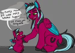 Size: 3374x2389 | Tagged: safe, artist:sexygoatgod, derpibooru import, oc, oc:razz (fluffy), oc:razzmatazz gleam, unofficial characters only, fluffy pony, hybrid, pegasus, fluffy, image, implied selfcest, png, size difference, smoking