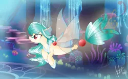 Size: 3105x1932 | Tagged: safe, artist:judelinfrostan, derpibooru import, oc, unofficial characters only, alicorn, pony, seapony (g4), base used, coral, dorsal fin, female, fin wings, fins, fish tail, flowing mane, flowing tail, image, ocean, png, red eyes, seaquestria, seaweed, signature, smiling, solo, swimming, tail, throne room, underwater, water, watermark, wings