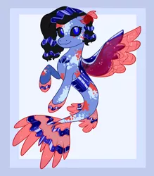 Size: 1222x1395 | Tagged: safe, artist:sapphirescarletta, derpibooru import, oc, unofficial characters only, changedling, changeling, hybrid, seapony (g4), adoptable, blue eyes, blue mane, dorsal fin, fins, fin wings, fish tail, flowing tail, image, looking at you, png, seaponified, simple background, smiling, solo, species swap, tail, wings