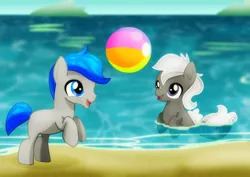 Size: 2912x2059 | Tagged: safe, artist:jucamovi1992, derpibooru import, oc, unofficial characters only, earth pony, pony, seapony (g4), beach, beach ball, blue eyes, blue mane, colt, dorsal fin, fish tail, image, jpeg, male, open mouth, sand, sky, smiling, tail, water, white mane