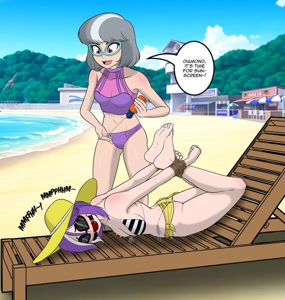 Size: 3891x4096 | Tagged: suggestive, artist:pshyzomancer, colorist:joe manginini, derpibooru import, diamond tiara, silver spoon, human, alternate hairstyle, ballgag, beach, bikini, bondage, breasts, clothes, diamondsub tiara, female, femdom, femsub, gag, glasses, hat, hogtied, humanized, image, jpeg, lesbian, muffled words, older, older diamond tiara, older silver spoon, rope, rope bondage, shipping, silverdom, silvertiara, smiling, submissive, sunglasses, sunscreen, swimsuit