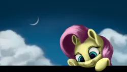 Size: 4000x2250 | Tagged: safe, artist:flusanix, derpibooru import, fluttershy, pony, breaking the fourth wall, bust, cloud, crescent moon, female, film grain, fourth wall, high res, image, looking at something, looking down, mare, moon, peeking, png, sky background, smiling, solo, three quarter view, underhoof