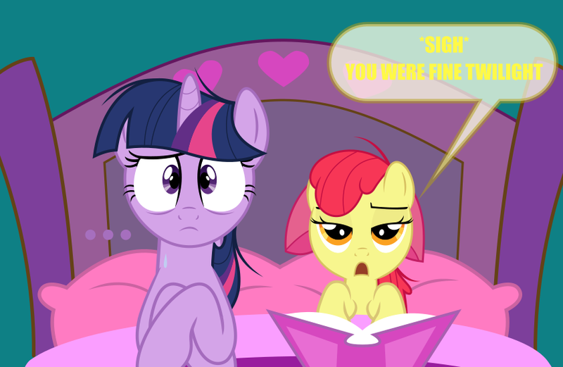 Size: 842x548 | Tagged: questionable, artist:cheesepuffs, derpibooru import, apple bloom, twilight sparkle, earth pony, pony, unicorn, aftersex, bed, blanket, book, dialogue, female, filly, foalcon, image, lesbian, lidded eyes, mare, open mouth, pillow, png, shipping, speech bubble, sweat, twibloom, underage, unimpressed, worried