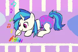 Size: 1200x800 | Tagged: suggestive, artist:duckchip, derpibooru import, vinyl scratch, pony, unicorn, colourful, crib, diaper, diaper fetish, female, female focus, fetish, image, music, music notes, musical instrument, pillow, png, simple background, solo, solo focus