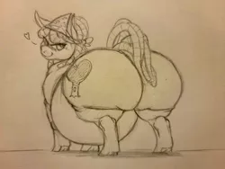 Size: 2364x1773 | Tagged: suggestive, artist:tracerpainter, derpibooru import, tree hugger, earth pony, pony, butt, fat, female, image, jpeg, large belly, large butt, nudity, obese, overweight, pencil drawing, rear view, size difference, traditional art