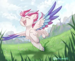 Size: 1920x1551 | Tagged: safe, artist:bishopony, derpibooru import, zipp storm, pegasus, pony, my little pony: a new generation, spoiler:my little pony: a new generation, city, cityscape, eyes closed, female, field, flying, g5, happy, image, jpeg, mare, mountain, mountain range, shadow, signature, solo, spread wings, wind, windswept mane, wings, zephyr heights