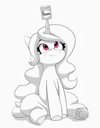 Size: 2090x2673 | Tagged: safe, artist:pabbley, derpibooru import, izzy moonbow, pony, unicorn, beans, can, female, food, g5, grayscale, horn, horn impalement, image, izzy's beans, jpeg, looking up, mare, monochrome, neo noir, partial color, simple background, sitting, solo, white background