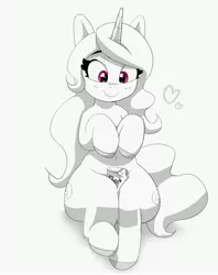 Size: 3251x4096 | Tagged: safe, artist:pabbley, derpibooru import, izzy moonbow, pony, unicorn, beans, between legs, can, female, food, g5, grayscale, heart, image, izzy's beans, jpeg, mare, monochrome, neo noir, partial color, simple background, sitting, solo, thighs, white background, wide hips