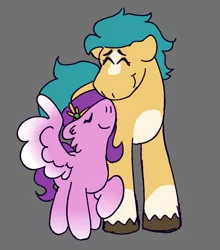 Size: 1096x1247 | Tagged: safe, artist:tezzbot, derpibooru import, hitch trailblazer, pipp petals, earth pony, pegasus, pony, female, g5, gray background, height difference, hitchpipp, image, larger male, male, nuzzling, png, shipping, simple background, smaller female, straight