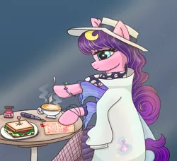 Size: 2532x2310 | Tagged: safe, artist:starsilk, derpibooru import, pegasus, clothes, coat, cup, food, hat, hoof hold, image, ink bottle, pen, png, sandwich, smiling, solo, spoon, star silk, table