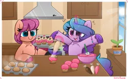 Size: 5937x3704 | Tagged: safe, artist:kittyrosie, derpibooru import, izzy moonbow, sunny starscout, earth pony, pony, unicorn, my little pony: a new generation, spoiler:my little pony: a new generation, blushing, chest fluff, cupcake, cute, food, g5, image, izzybetes, open mouth, owo, png, uwu