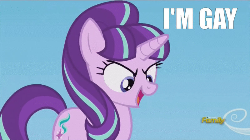 Size: 800x450 | Tagged: suggestive, derpibooru import, edit, screencap, starlight glimmer, the cutie re-mark, animated, gif, image, i'm gay, solo, text