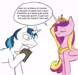 Size: 697x671 | Tagged: safe, artist:cadillacdynamite, derpibooru import, princess cadance, shining armor, alicorn, pony, unicorn, comic:master chief and luna hanging out, drugs, hoof hold, image, implied drug use, jpeg, meme, misspelling, parody, peytral, speech bubble, sweat, text