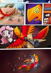 Size: 1280x1853 | Tagged: safe, artist:shieltar, derpibooru import, philomena, princess celestia, oc, oc:professor harmony, oc:the director, alicorn, human, phoenix, pony, robot, comic:birth of equestria, broken, cewestia, comic, female, filly, horn, image, impalement, jpeg, pink-mane celestia, protecting, t.r.e.e. of harmoney, wings, younger