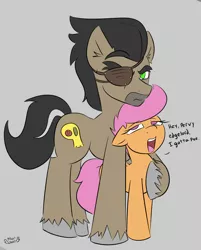 Size: 1700x2115 | Tagged: suggestive, artist:kingkrail, derpibooru import, doctor caballeron, scootaloo, earth pony, pegasus, pony, series:caballeron's prize, crack shipping, eyepatch, female, filly, image, male, need to pee, png, potty time, scootalleron, shipping, straight