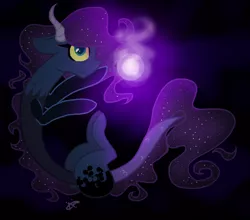 Size: 1366x1200 | Tagged: safe, artist:gallantserver, derpibooru import, oc, oc:esmeralda, draconequus, hybrid, female, image, interspecies offspring, magic, offspring, parent:discord, parent:princess luna, parents:lunacord, png, solo