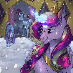 Size: 8268x8268 | Tagged: safe, artist:sourcherry, derpibooru import, princess cadance, crystal pony, armor, bowing, comic, crown, crystal guard, crystal guard armor, image, jewelry, magic, magic aura, png, regalia, royal guard, royalty, snow, snowfall, train, train station, walking away